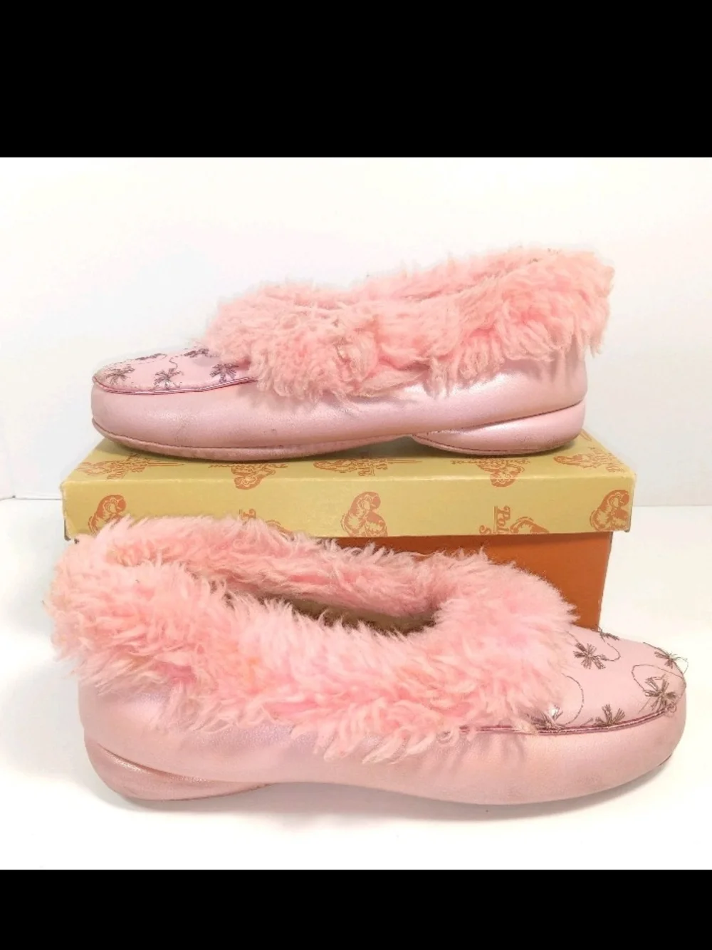 1960s Poll Parrot Pink Plush Faux-Fur Slip-On Kids Slippers Pink